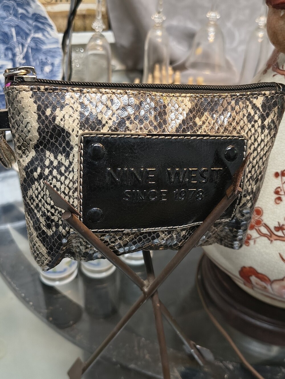 Nine West Snakeskin Print Wristlet Black Tan Faux Python Zip Pouch Clutch